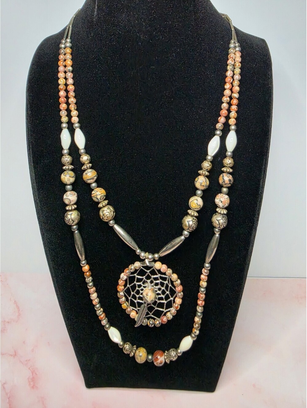 Vintage Native American Style Dream Catcher Multi Strand Beaded Necklace 30"